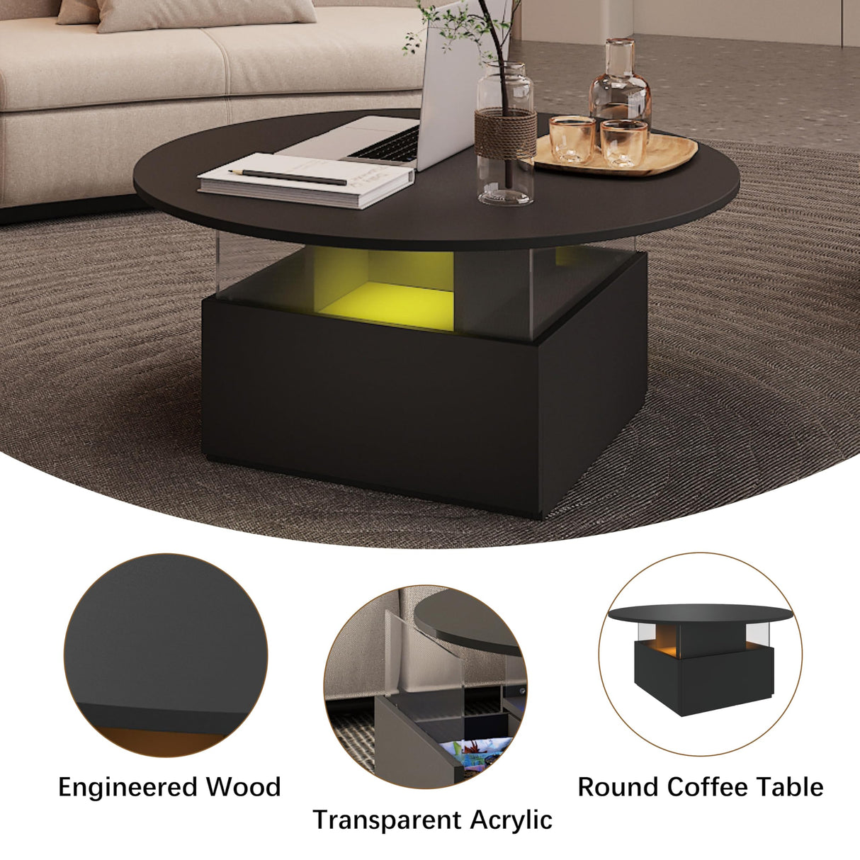 HedoAjim 31.5" Round Coffee Table for Living Room, LED Modern Living Room Table with Storage, Square Acrylic Coffee Tables with 2 Sliding Drawers, Wood Center Table for Reception Dinning Room, Black HedoAjim