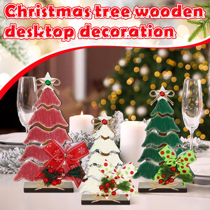 CroBlissful 3 Pcs Wooden Christmas Tree Tabletop Decorations Christmas Centerpieces for Table Rustic Xmas Tiered Tray Decor Christmas Table Sign Freestanding with Hemp Rope Bow Bell for Holiday Party