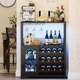 GarveeHome 3-Tier Wine Bar Cabinet with LED Lights, Detachable Wine Rack and Storage Space, Buffet Cabinet with Glass Holder and Mesh Door, for Kitchen, Living Room and Bar, Black GarveeHome