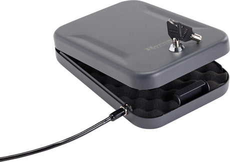 Hornady Portable Lock Box for Guns and Valuables - Includes 2 Keys and 4 Foot Steel Cable - Thick 16 Gauge Steel - An Ideal Portable Car Lock Box or Truck Safe - Large, Black, 9.5 x 6.5 x 1.75 Inches Hornady