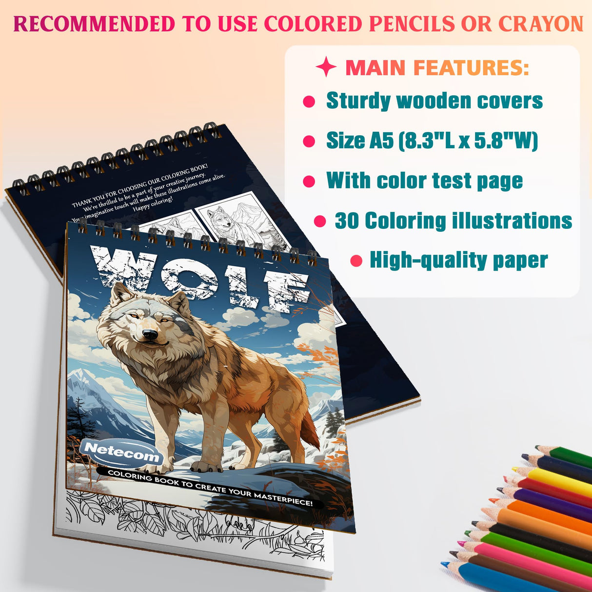 Netecom Wolf Coloring Book Spiral Bound for All Ages, A5 Wooden Cover, 30 Amazing Wolves Coloring Pages of Natural Habitats for Stress Relief and Relaxation Netecom