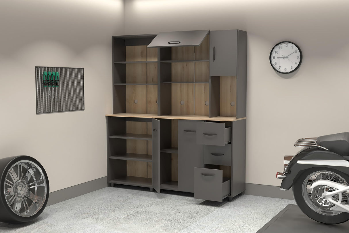 Inval Proforte 2-Piece Garage Storage Cabinet Set with 1 Large Cabinet, 3-Drawer Cabinet, Adjustable Shelves, Dark Gray/Maple Inval