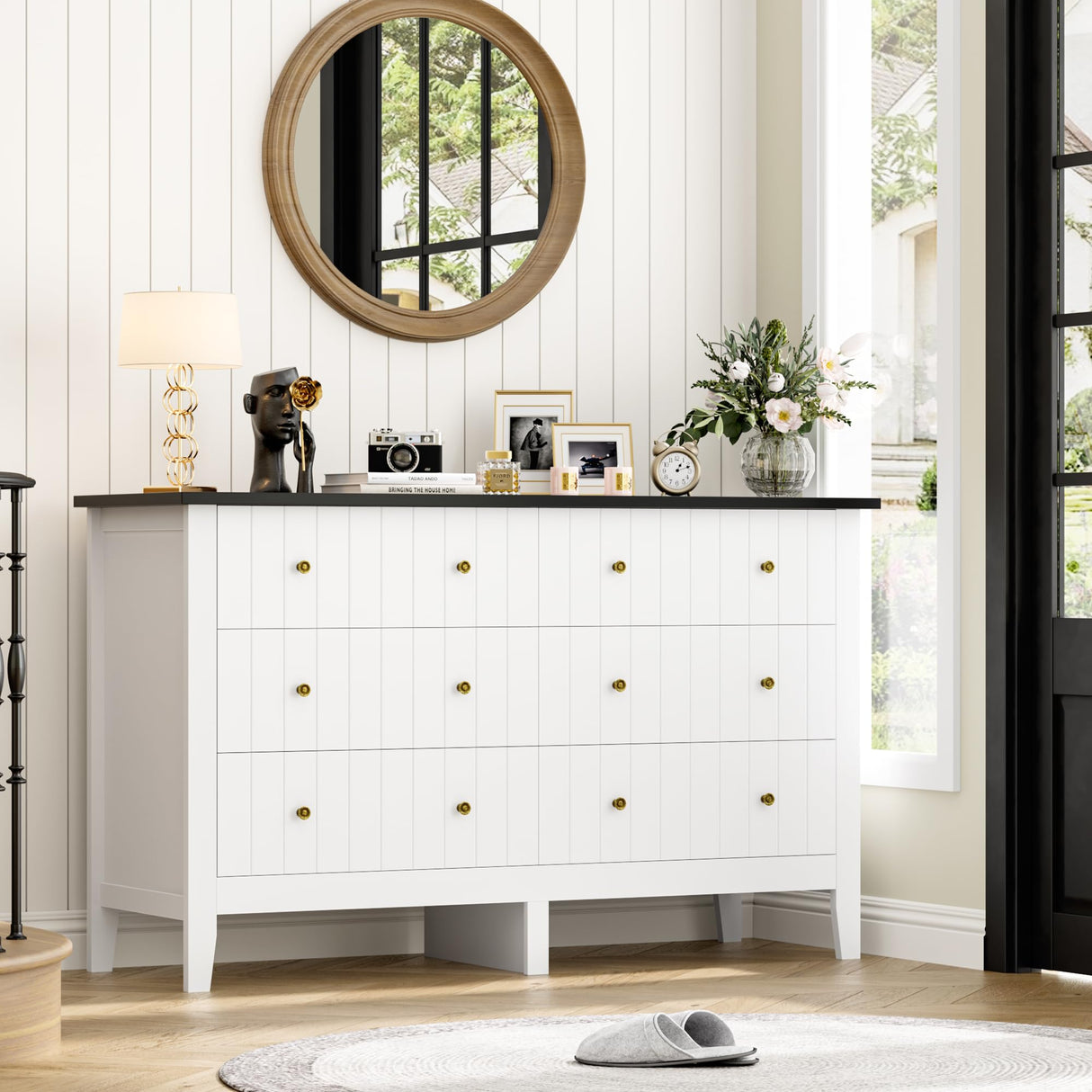 FOTOSOK White Dresser, Chest of Drawers, Modern 6 Drawer Double Dresser with Deep Drawers, Nursery Dresser for Baby, Wide Storage Organizer Cabinet for Living Room, Hallway,White&Black FOTOSOK