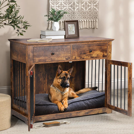 LEMBERI 44 Inch Large Dog Crate Furniture, Indoor Dog Kennel with Storage Drawers, Decorative Pet Crates End Table Dog House, Brown LEMBERI