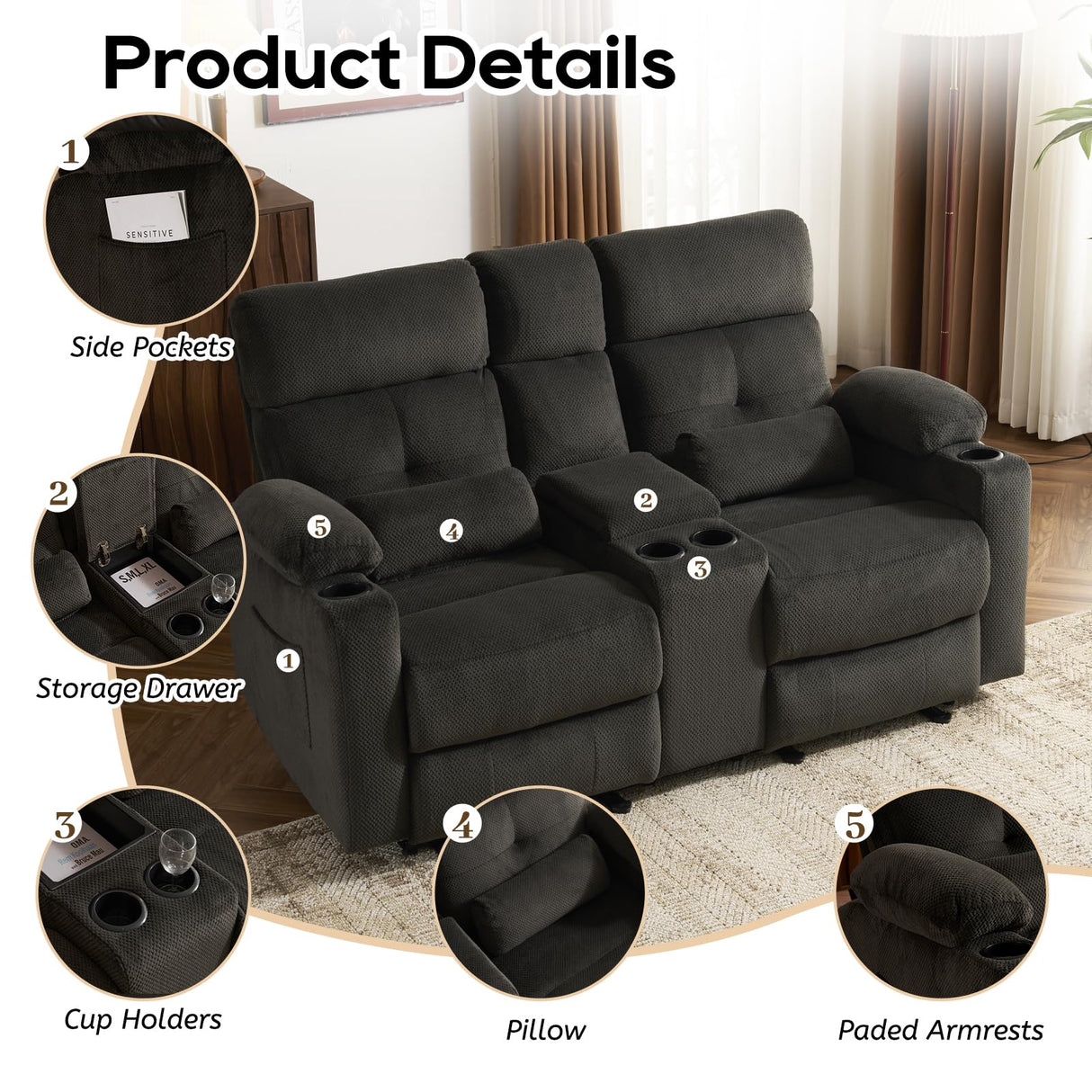 P.H.Furn Power Reclining Loveseat, Massage Loveseat Recliner Sofa Home Theater Seating with Heat, RV Love Seat Chair Clearance with Console, Storage, Cup Holders, Wall Hugger Couch P.H.Furn