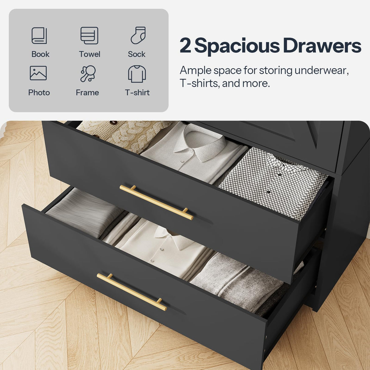 HOOBRO Armoire Wardrobe Closet, Wardrobe Closet with Doors and 2 Drawers, Bedroom Armoire with Hanging Rod, Tall Armoire for Bedroom, Wooden Clothing Storage Cabinet, Black HOOBRO