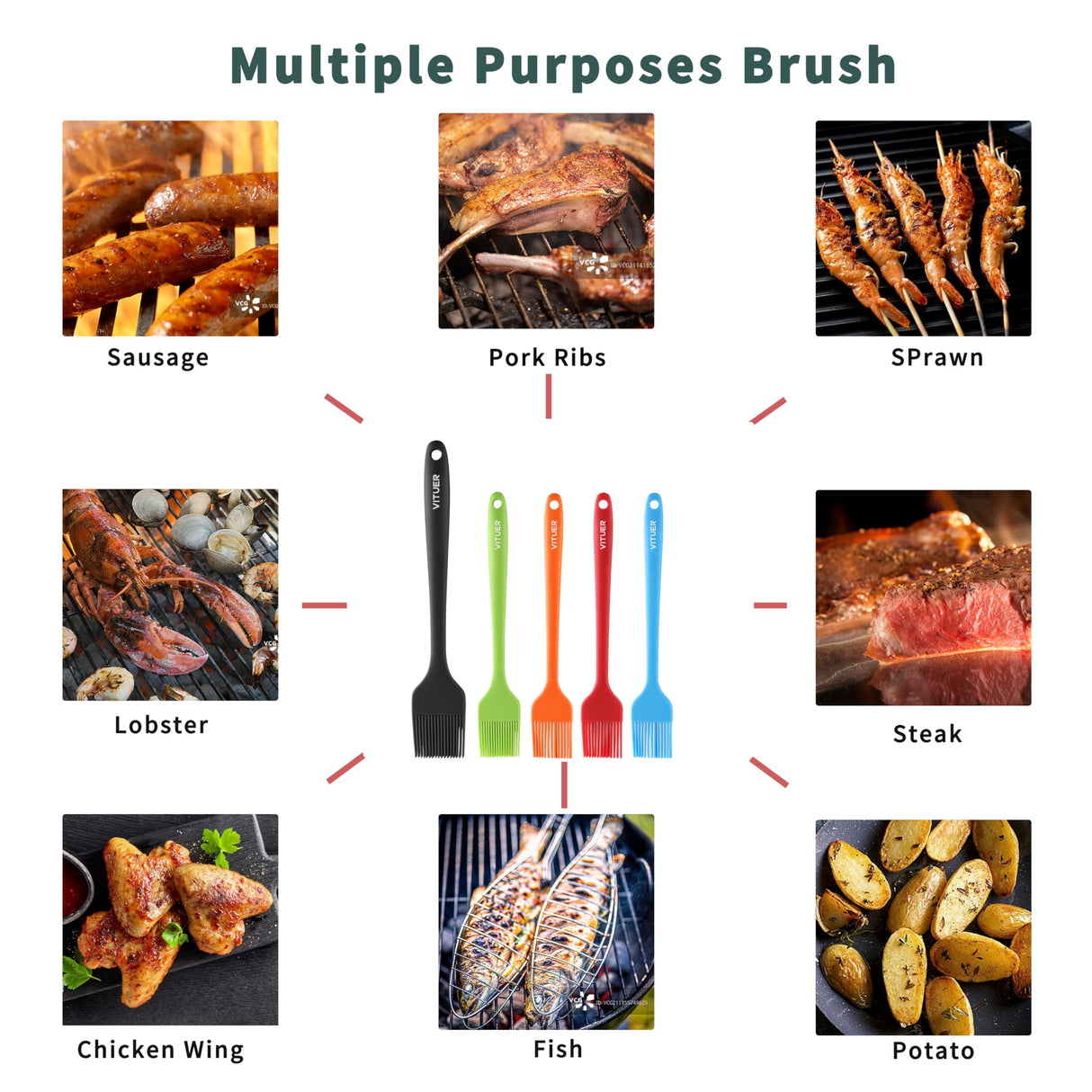 VITUER Silicone Basting Pastry Brush, 5 PCS Colorful Silicone Food Brush for Baking Cooking BBQ Grill Spread Oil Butter Sauce, Heat Resistant, Dishwasher Safe (5Pack, Rainbow Colors) VITUER