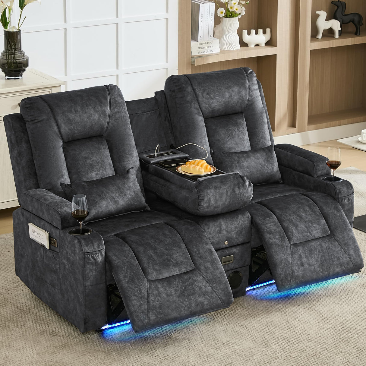 URRED Power Loveseat Recliner Sofa with Flipped Backrest Console, Wall Hugger RV Reclining Loveseat Sofa Couch with LED Light/Bluetooth Speakers/USB/Outlets/Cup Holders/Pillow/Side Pocket, Grey URRED