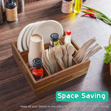 ALELION Acacia Wood Utensil Holder for Party - Paper Plate Organizer for Countertop - Silverware Caddy with 6 Compartments for Plate, Cup, Fork, Spoon - Cutlery Holder for Kitchen Camping Buffet ALELION