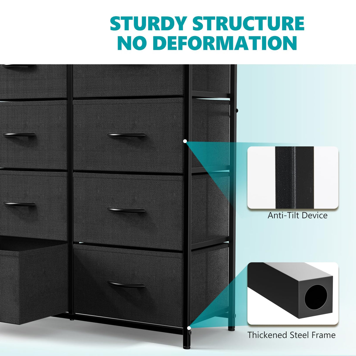 OLIXIS Dresser for Bedroom,8 Storage Fabric Drawers, Metal Frame and Wooden Top, Tall Storage Drawer Dresser for Closet with Easy Pull Handles for Living Room, Entryway, Small Space Black OLIXIS