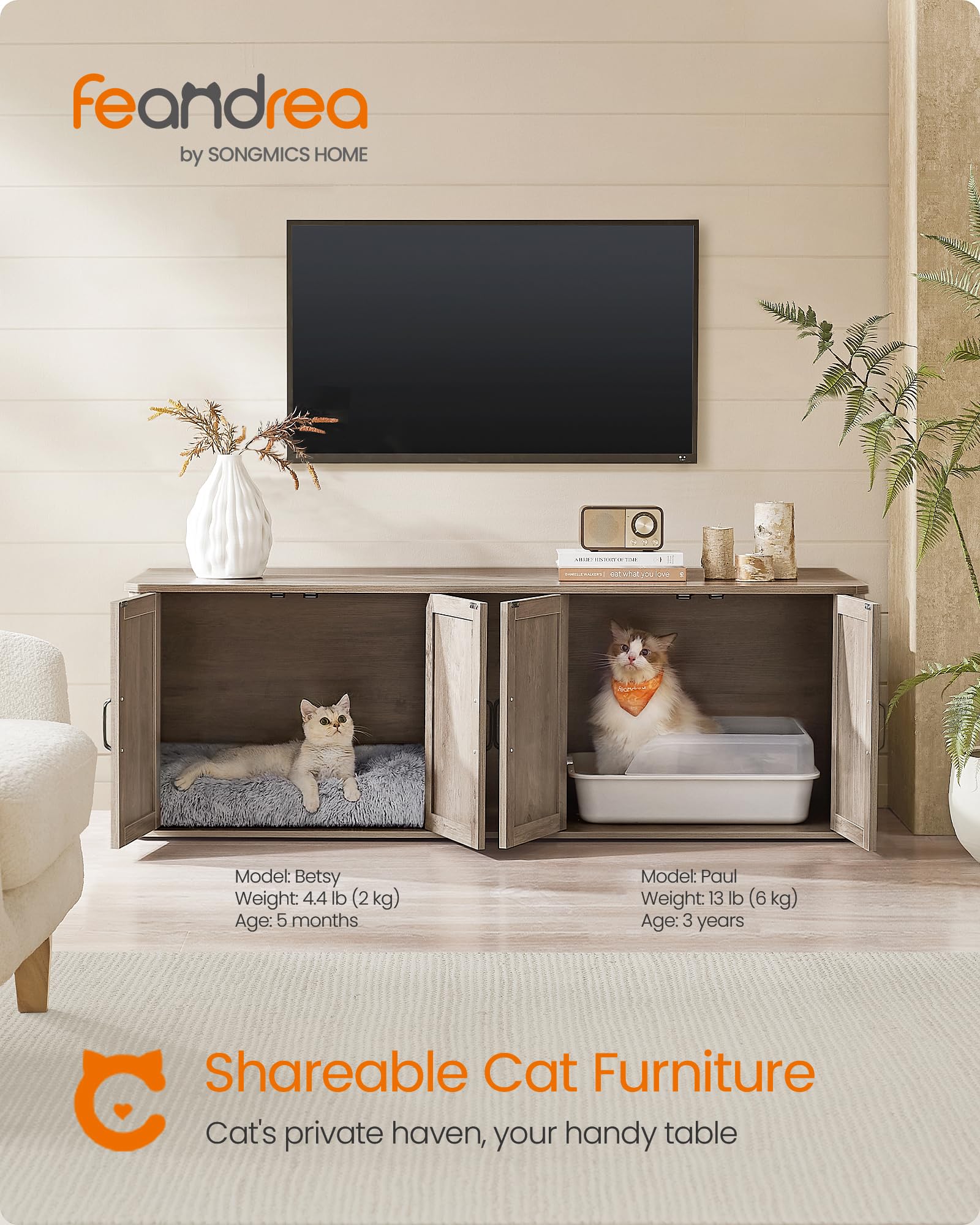 Feandrea Double Cat Litter Box Enclosure, Modern Cat Litter Box Furniture Hidden for 2 Cats, Front Entry, Cat House, Side End Table, TV Stand, 59 x 19 x 19.5 Inches, Heather Griege UPCL010G01 - WoodArtSupply