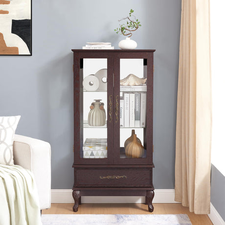 nifoti 51" H Lighted Curio Cabinet Display Case, Glass Curio Cabinet with Adjustable Shelves,Tempered Glass Door and Drawer, Wooden Cabinets w/Mirrored Back Pane for Living Room (Dark Cherry) nifoti