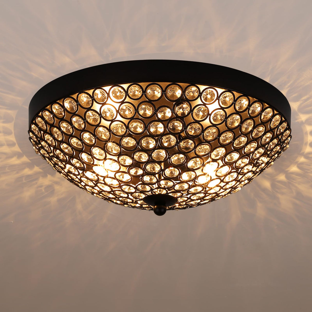 Sheenkarion Modern Black Flush Mount Crystal Ceiling Light,2-Light Crystal Chandelier Ceiling Lighting for Bedroom Living Room Closet Kitchen,Hallway Light Fixtures with Sparkling Crystal Metal Shade Sheenkarion