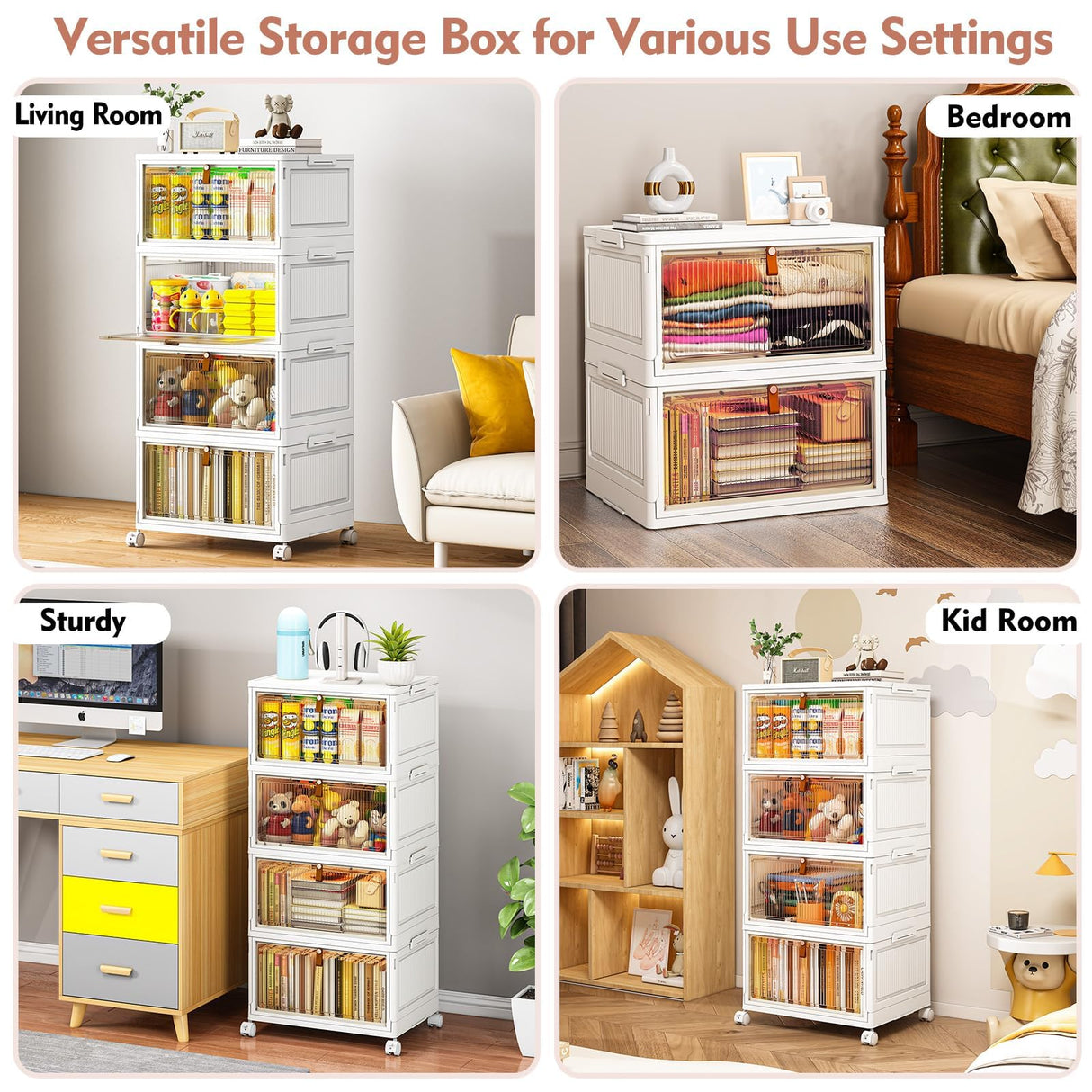 CTSNSLH 4 Tier Plastic Storage Bins and Boxes Organizer - 27Qt Stackable with Lids for Bedroom, Living Room, Office - Foldable Containers CTSNSLH