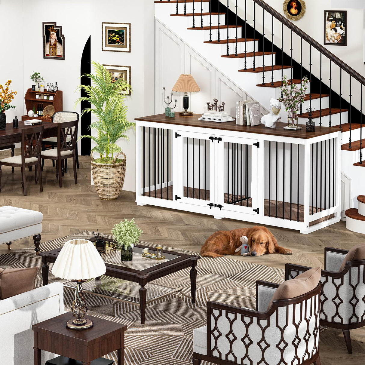 PIAOMTIEE 70.9" Large Double Dog Crate Furniture, Wooden Dog Crate Kennel Furniture with Divider & 2 Trays, Dog Crates Furniture for Large or 2 Medium Dogs Indoor, White PIAOMTIEE