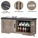 HOMSHO 2-Tier Storage Bench, Shoe Bench with Padded Seat Cushion, Entryway Bench with 2 Barn Doors, Adjustable Shelf, 13.8" D x 39.4" W x 17.7" H, for Entryway, Living Room, Bedroom, Greige HOMSHO