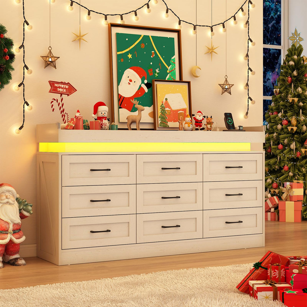 Hlivelood Large Farmhouse 9 Drawers Dresser for Bedroom with LED Light and Power Outlets,63" Wide Wood Rustic 9 Chests of Drawers for Closet,Tall Storage Dresser Organizer for Bedroom(Antique White) Hlivelood