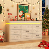 Hlivelood Large Farmhouse 9 Drawers Dresser for Bedroom with LED Light and Power Outlets,63" Wide Wood Rustic 9 Chests of Drawers for Closet,Tall Storage Dresser Organizer for Bedroom(Antique White) Hlivelood