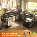 Unikito L Shaped Desk with File Drawer, Reversible L Shaped Computer Desk with Power Outlet & LED Lights, Home Office Desk Corner Desk with Monitor Shelf and Printer Cabinet, Gaming Desk, Black Unikito