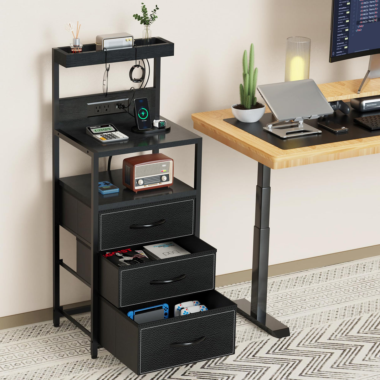 SZLHANJZ LED Nighstand with Charging Station, Dresser Nightstand with 3 Drawers and LED Lights, Storage Side Table with 3 Shelf and Hooks, Bedroom End Table for Bedside, Modern Black SZLHANJZ