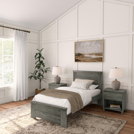 Plank+Beam Rustic Wood Twin Bed Frame, Platform Bed with Headboard, Solid, Driftwood Plank+Beam