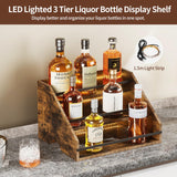 Nuovoware LED Lighted Liquor Bottle Display Shelf, 3 Step Wood Countertop Liquor Rack with Fences & Portable Handles, 12-Bottle Whiskey Rack Liquor Display Retro Wine Rack for Home Bar Party, Brown Nuovoware
