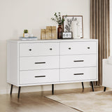 DWVO White 6 Drawers Dresser, Modern Wood Dresser Chest of Drawers with Black Metal Handle ＆ Anti-Tipping Device, Modern Double Dresser Storage Cabinet for Hallway, Entryway, Living Room DWVO