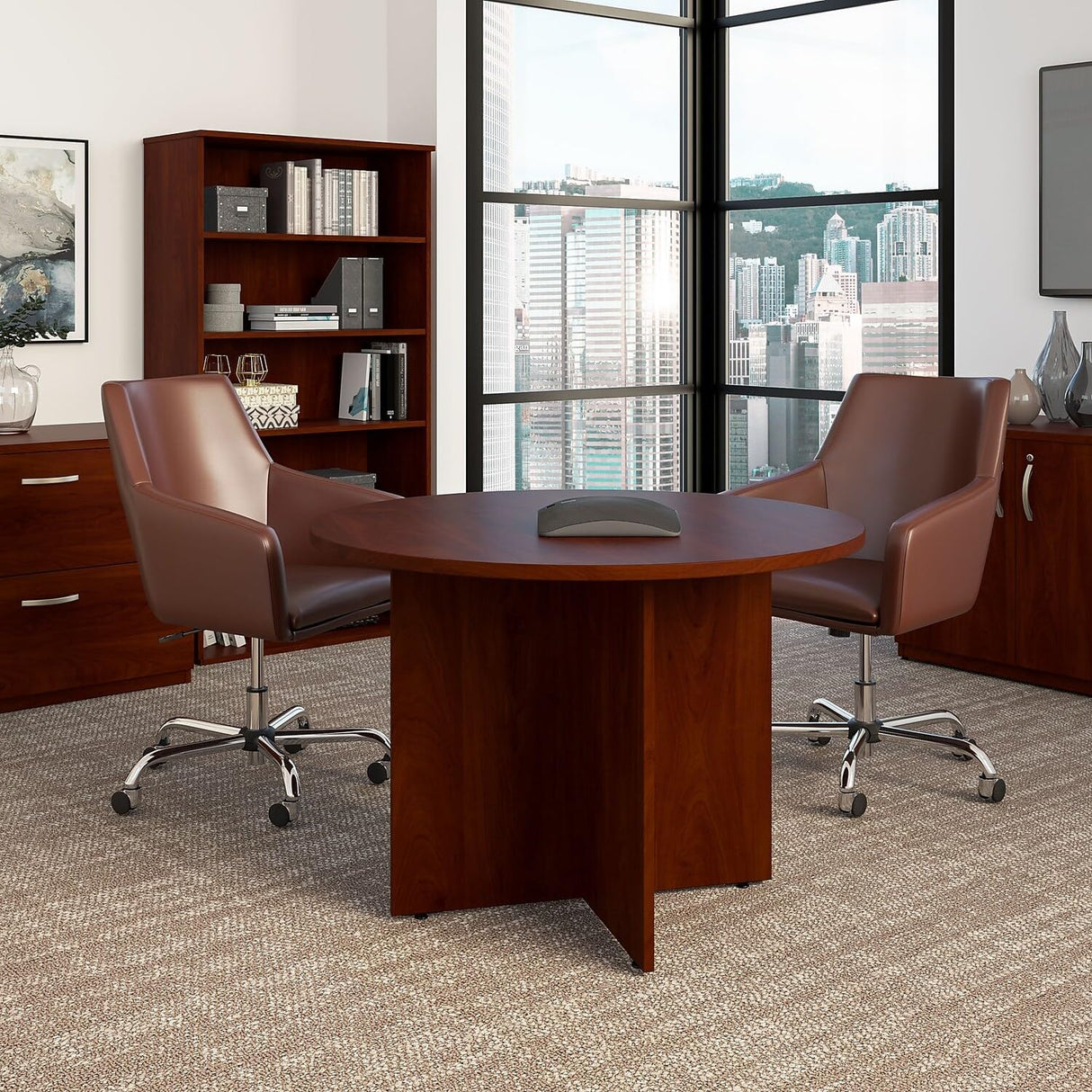 Bush Business Furniture Round Conference Table with Wood Base, Circular Meeting Room Desk for 4 Users, 42W, Hansen Cherry Bush Business Furniture
