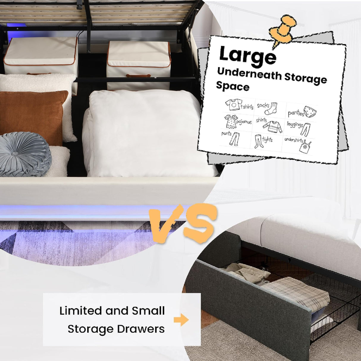 Ailisite Beige Upholstered Queen Bed Frame with LED Lights, Wingback Headboard, and Storage Solution Ailisite