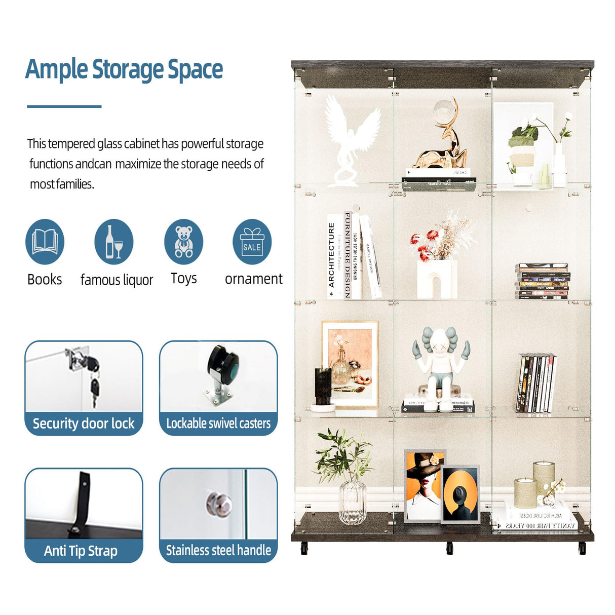 TRJQBCC 3 Column 2 Doors Tempered Glass Display Cabinet with LED Lights Strip, 4-Shelf Wooden Removable Curio Storage Cabinet with Casters, 65" H Lock Display Case Bookshelf for Home & Office (Black) TRJQBCC