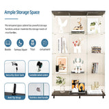 TRJQBCC 3 Column 2 Doors Tempered Glass Display Cabinet with LED Lights Strip, 4-Shelf Wooden Removable Curio Storage Cabinet with Casters, 65" H Lock Display Case Bookshelf for Home & Office (Black) TRJQBCC