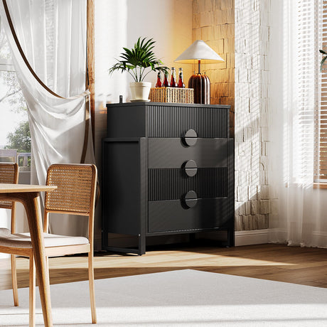 LGHM Fluted Dresser for Bedroom with 4 Drawers, Modern 4 Drawers Dressers with Semicylinder Fluted, Solid Chest of Drawers, 36" Tall Dresser with Bold Steel Frame, Metal Handles, Black LGHM