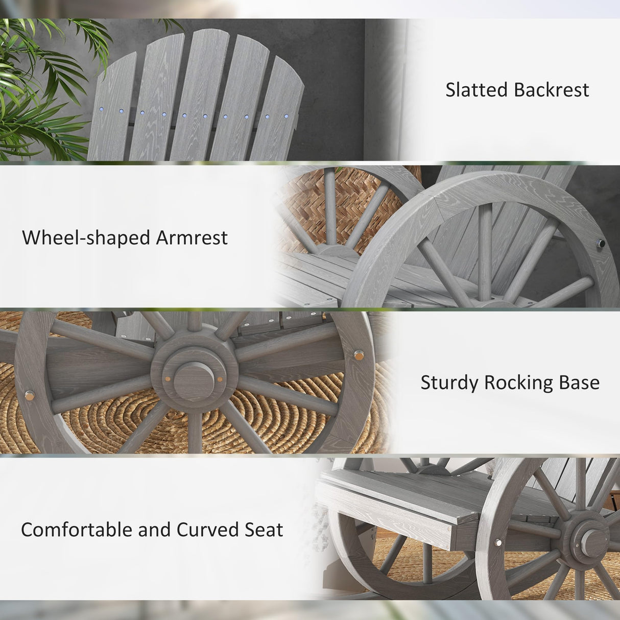 Outsunny Wooden Rocking Chair, Adirondack Rocker Chair w/Slatted Design and Oversized Back, Outdoor Rocking Chair with Wagon Wheel Armrest for Porch, Poolside, and Garden, Gray Outsunny