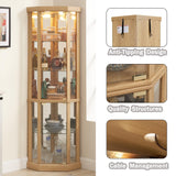 XZTUAJ 69" H Lighted Curio Cabinet - Corner Display Case with Adjustable Shelves and Tempered Glass, Wooden Cabinet with Mirrored Back Pane for Living Room (Light Oak) XZTUAJ