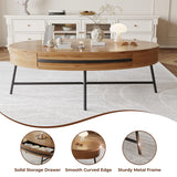 GarveeHome Oval Coffee Table with Drawer Mid-Century Modern Center Table 47.2“ Wooden Coffee Table with Storage and Cross Metal Legs Unique Curved Design for Living Room (Natural) GarveeHome