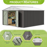 JUMMICO 10 x 10 FT Outdoor Storage Shed, Large Metal Garden Shed & Tool Sheds for Backyard Garden Patio Lawn (Grey) JUMMICO