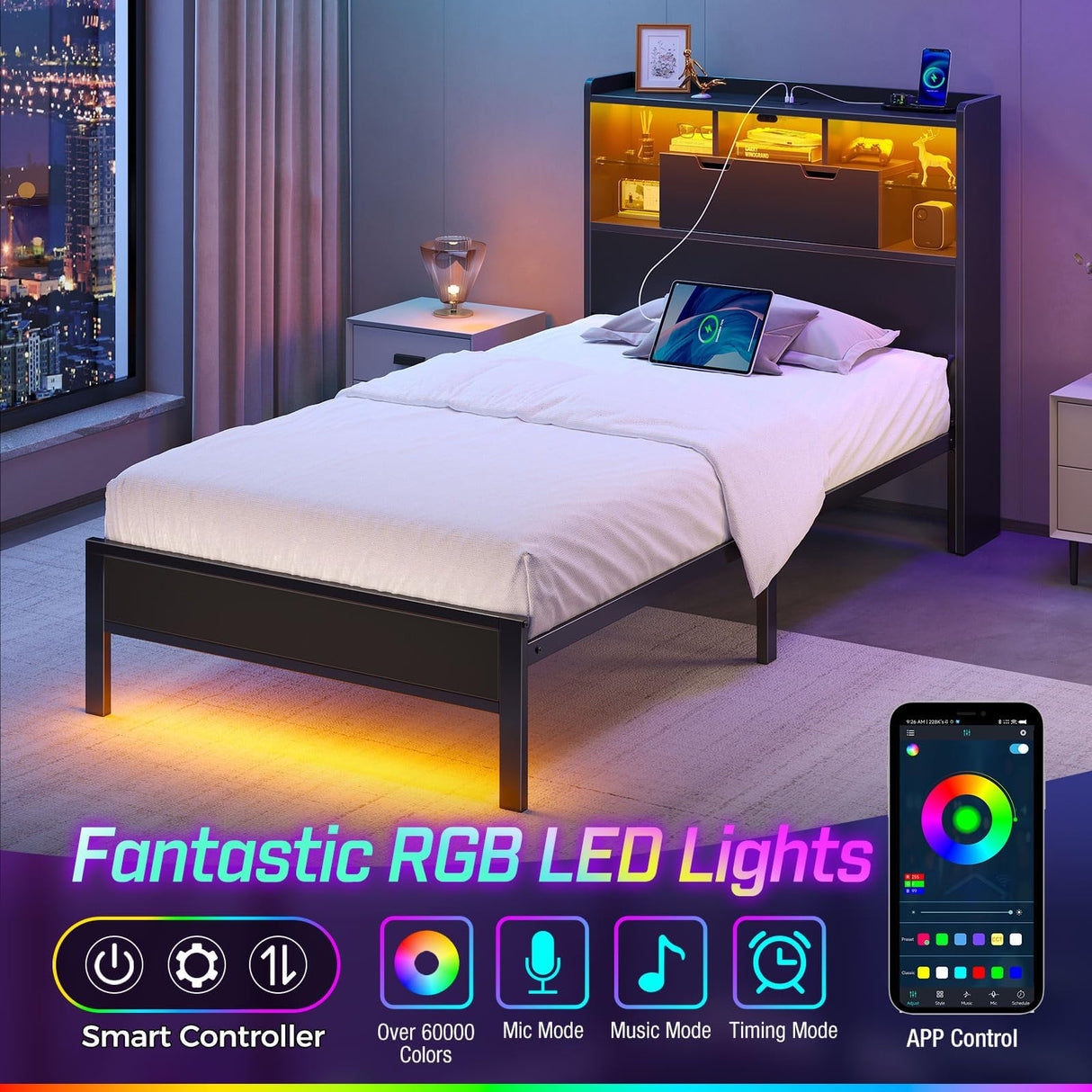 Rolanstar Twin Bed Frame with Headboard, LED Bed with Bookcase Storage and Charging Station, Metal Platform Bed with Glass Shelves, No Box Spring Needed, Noise-Free, Black Rolanstar