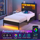 Rolanstar Twin Bed Frame with Headboard, LED Bed with Bookcase Storage and Charging Station, Metal Platform Bed with Glass Shelves, No Box Spring Needed, Noise-Free, Black Rolanstar