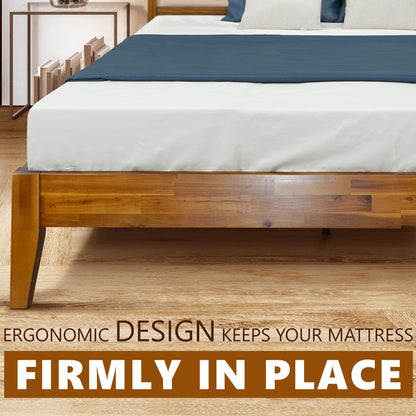 Acacia Emery Bed Frame with Headboard Solid Wood Platform Bed, King Size Bed Frame, Unique Design Contemporary Signature Wood Bed Compatible with All Mattresses, Non-Slip and Noise-Free, Caramel.