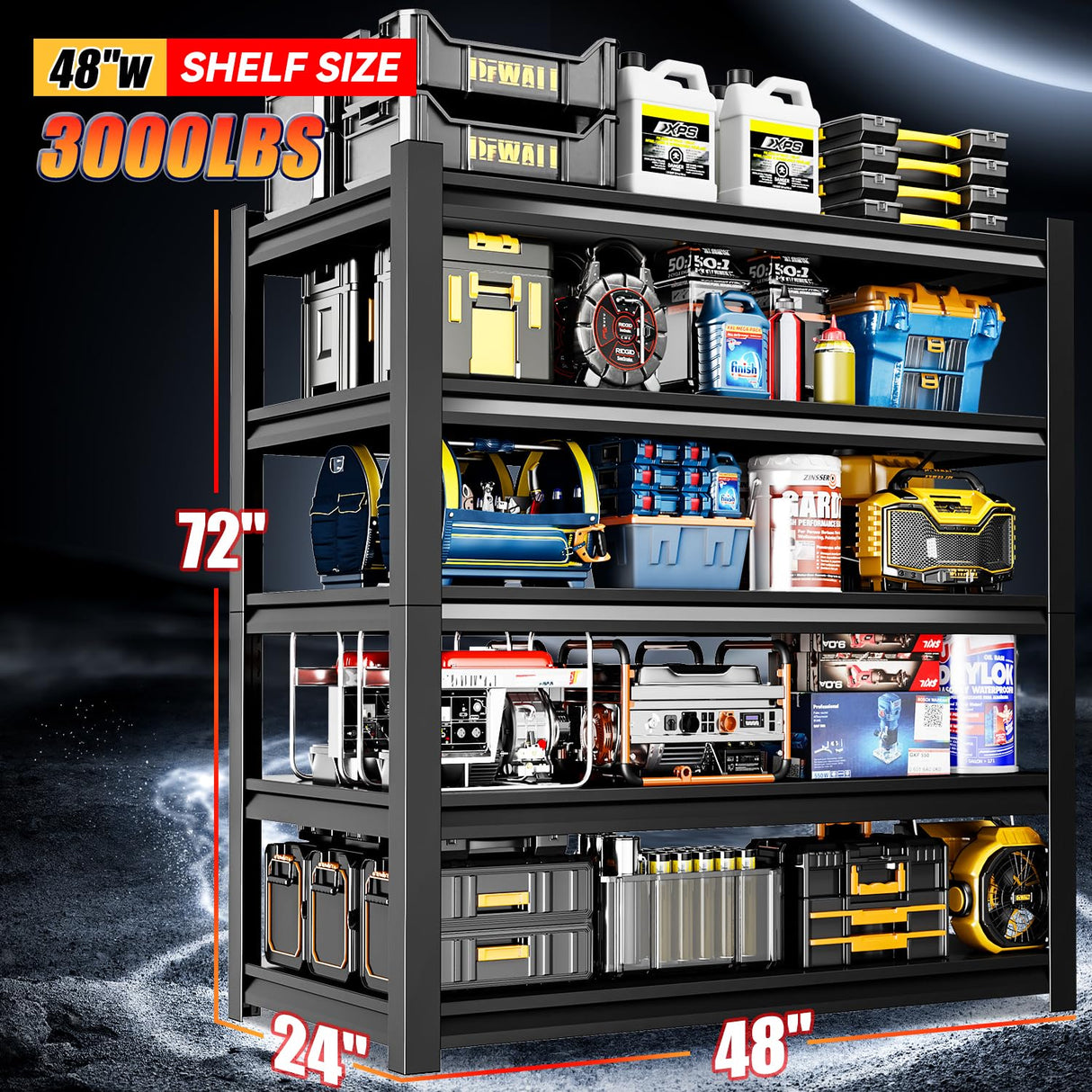 Welfiya 72" H Garage Shelving,5-Tier Heavy Duty Shelving Unit,3000LBS Adjustable Metal Storage Shelves,Storage Rack Units for Industrie,Shed,Warehouse,Basement,Black,48" W x 24" D x 72" H Welfiya