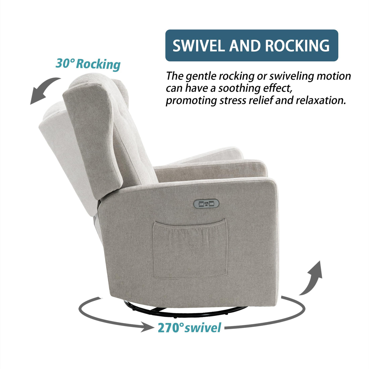 Ketaiyou Power Swivel Rocking Recliner Chair, High Back Electric Rocker Nursery Glider Chair, USB and Type-C Ports, Upholstered Fabric Reclining Single Sofa Chair for Living Room (Grey) Ketaiyou