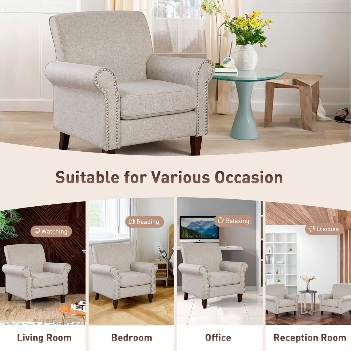 Prilinex Upholstered Living Room Chair - Large Comfy Fabric Accent Chair Single Sofa with Cushion, Rolled Armrest & Nailhead Trim, Mid Century Farmhouse Armchair for Bedroom, Office, Beige Prilinex