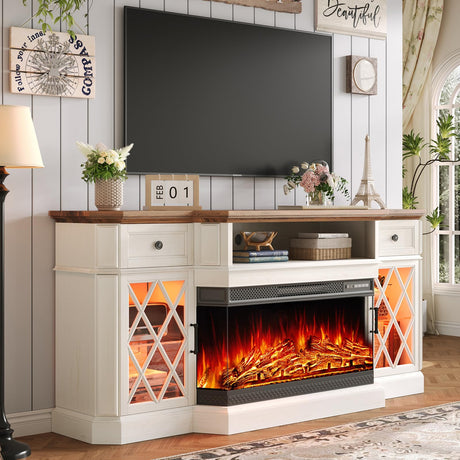 AMERLIFE 70" Bevel Farmhouse Fireplace TV Stand with 36" 3-Sided Glass Fireplace, LED Lights Entertainment Center Glass Doors & Drawers, Media Console Table Cabinet for Max 80" TV, Living Room, White AMERLIFE
