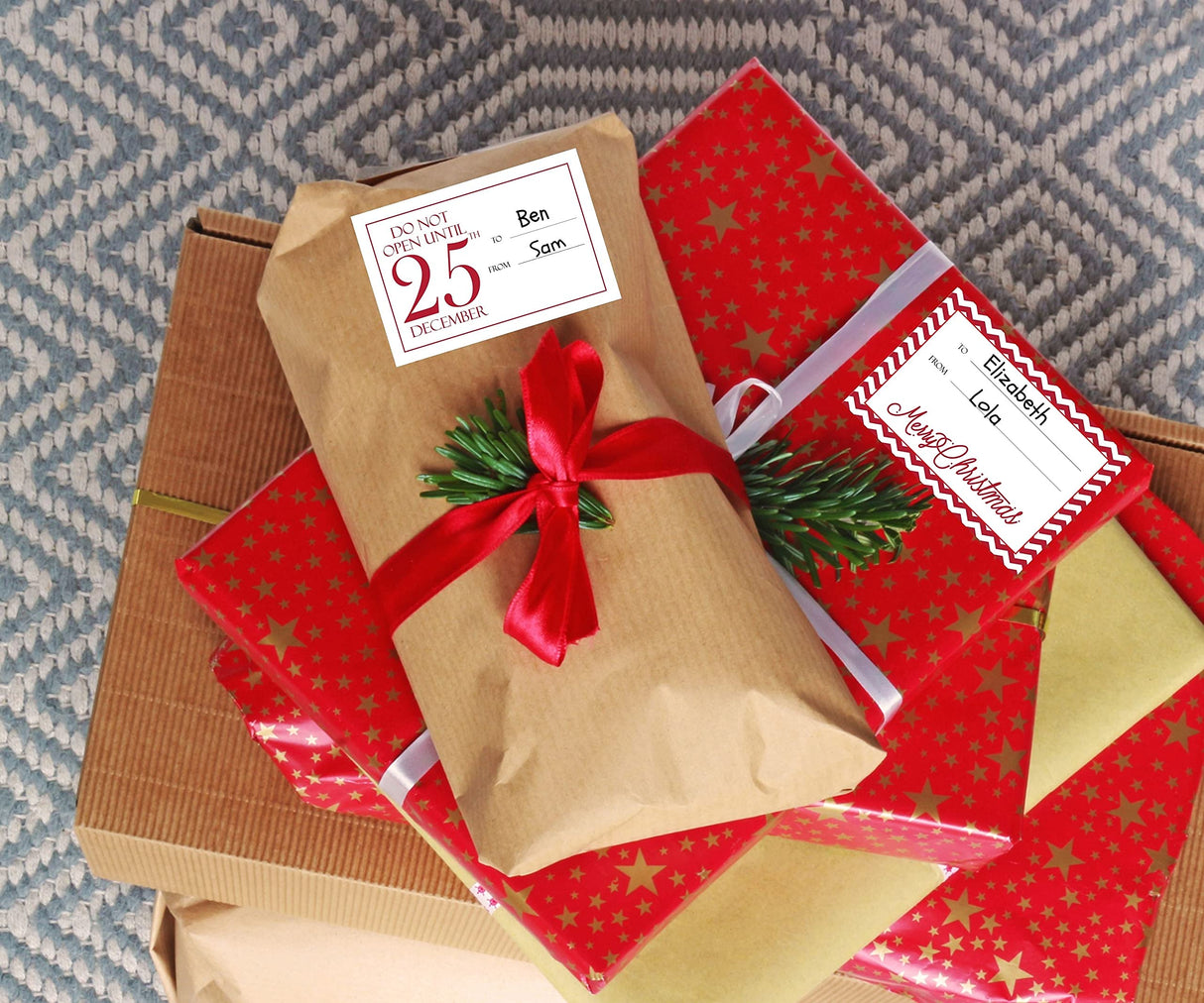 Jumbo Christmas Gift Tag Stickers 60 Count Modern Red, White, Silver, and Gold Xmas Designs - Looks Great on Gifts Presents, Wrapping Paper and Gift Bags. Paper and Presents