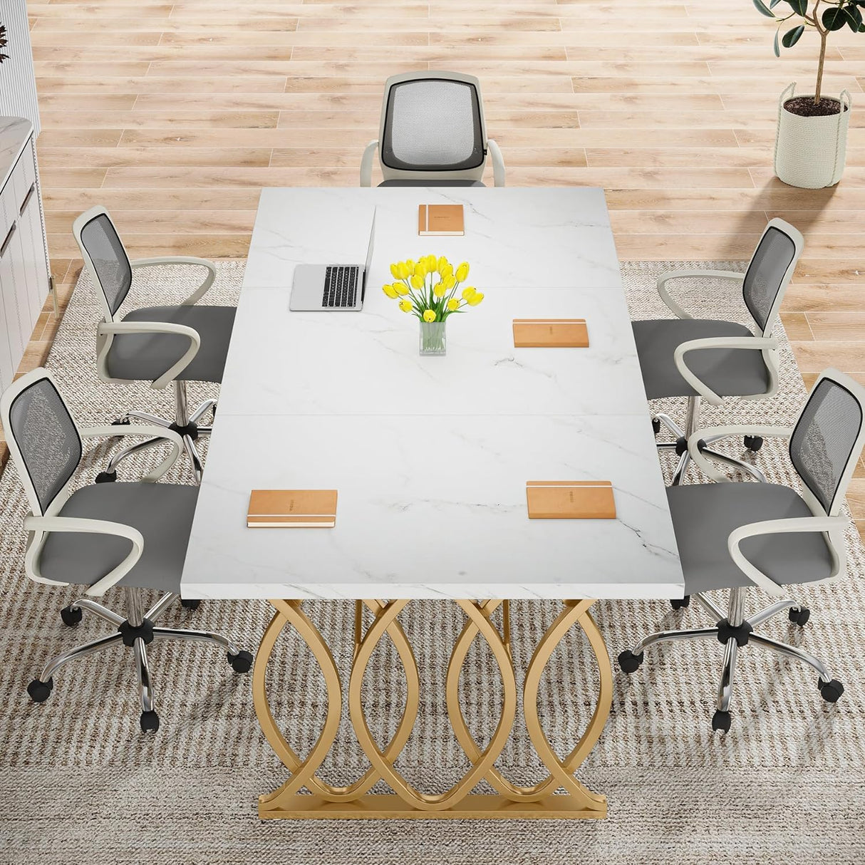 Tribesigns Executive Desk, 63" W Large Computer Desk, Modern Office Desk Conference Table Meeting Room Table, Business Furniture for Home Office, White and Gold Tribesigns
