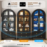 LVSOMT 71" Tall Arched Storage Cabinet with Glass Doors and Drawers, Curio Display Cabinet with Adjustable LED Light & Human Sensor, 4-Tier China Cabinet for Living Room(Black) LVSOMT