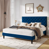 SHA CERLIN King Size Velvet Bed Frame with Adjustable Headboard, Diamond Button Tufted and Rivet Decor, No Box Spring Needed, Blue SHA CERLIN