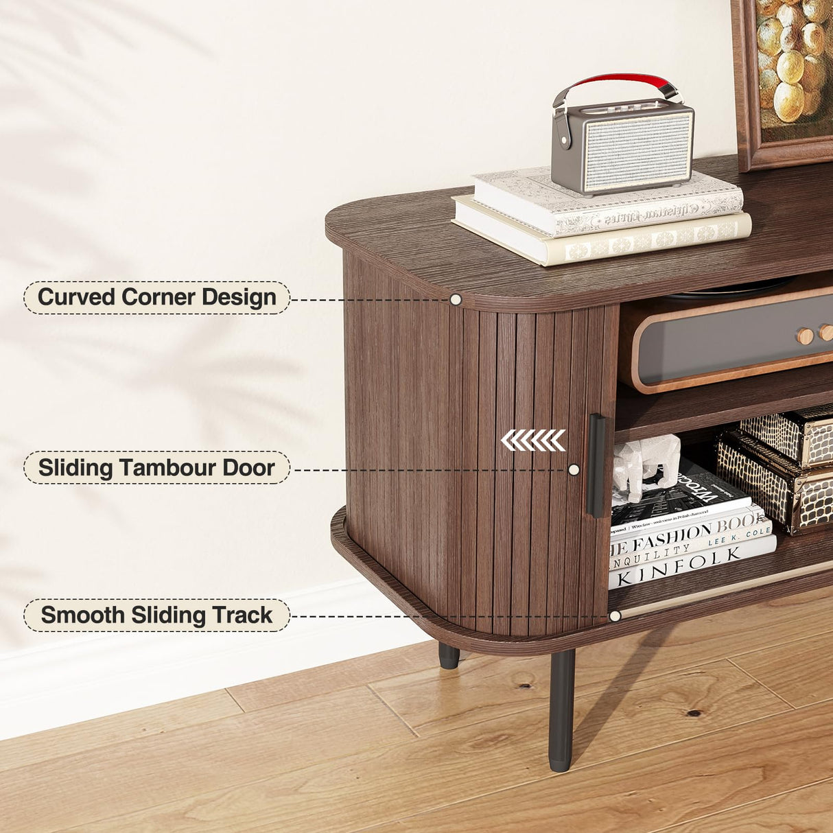 FiveWillowise 55" Mid Century Modern Fluted TV Stand for TVs up to 65 Inch, Gaming Entertainment Center with Tambour Slatted Sliding Doors, Media TV Consoles Table for Living Room, Walnut FiveWillowise