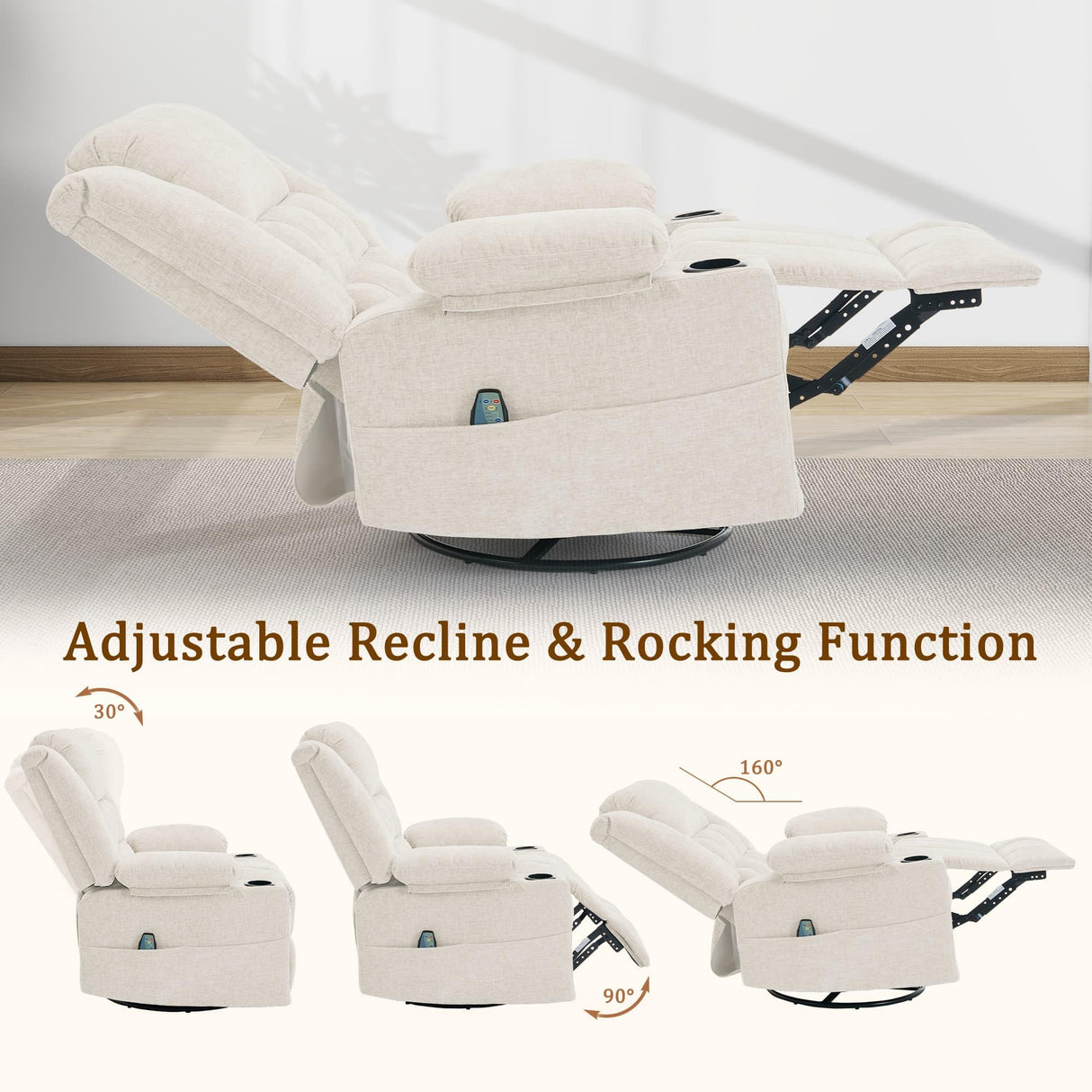 Korser 360° Swivel Rocker Recliner for Adults, Nursery Glider Recliner with Massage and Heating, Rocking Chair with Cup Holder, Manual Recliner Chair for Living Room, Bedroom (Fabric, Beige) Korser