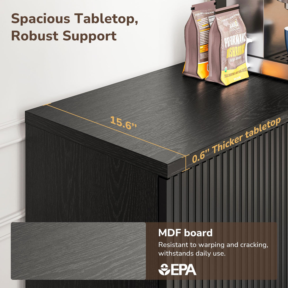 BELLEZE Sideboard Buffet Cabinet, 63" Storage Cabinet with Fluted Decorative Doors, Modern Console Table for Dinning Room, Kitchen & Living Room - Colemen (Ebony) BELLEZE